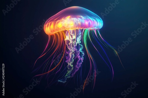 A neon jellyfish glowing with multicolored tentacles, floating on a deep navy and aqua gradient background for an aquatic ambiance.