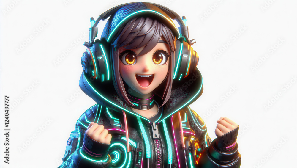 Bright 3d virtual space close-up of joyful characters in an exciting celebration Bright 3d virtual space close-up of joyful characters in an exciting celebration