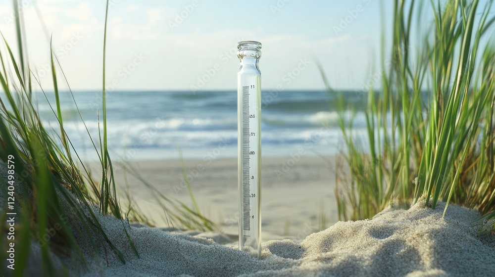 A modern glass thermometer tucked away in the sea's sand produces a striking image that combines measurement with nature. A modern glass thermometer tucked away in the sea's sand produces a striking image that combines measurement with nature.