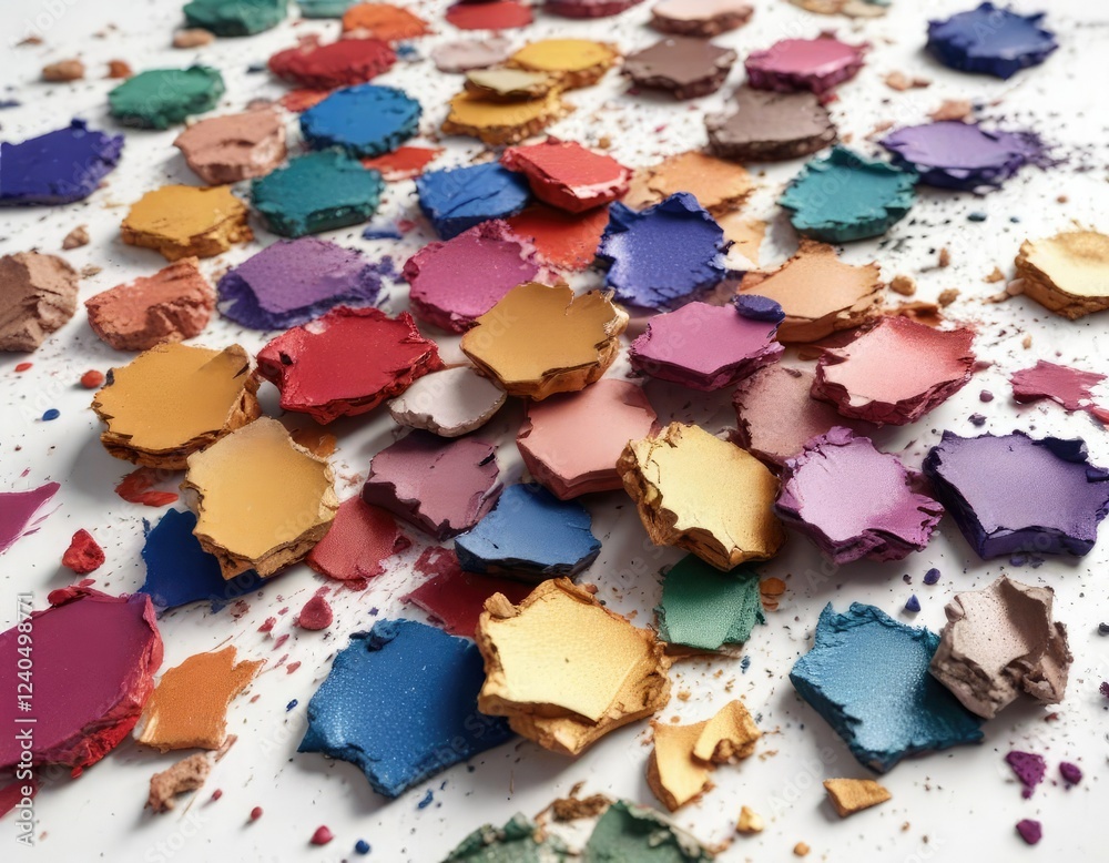 Fototapeta premium Smashed eyeshadow colors on a white background, colorless chaos, eyeshadow swatches, eyeshadow palette