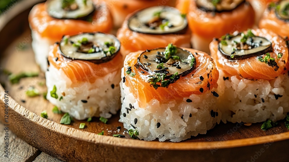 Sushi rolls with salmon and mushrooms on rice, close-up shot. Sushi rolls with salmon and mushrooms on rice, close-up shot.