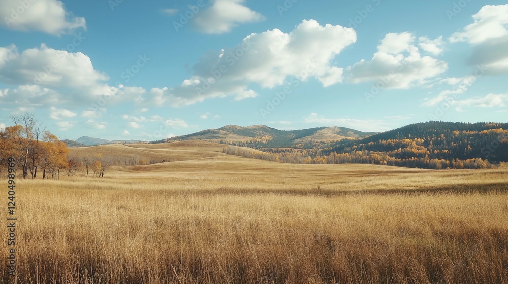 A large, empty field with a few trees in the background. The sky is mostly clear, with a few clouds scattered throughout