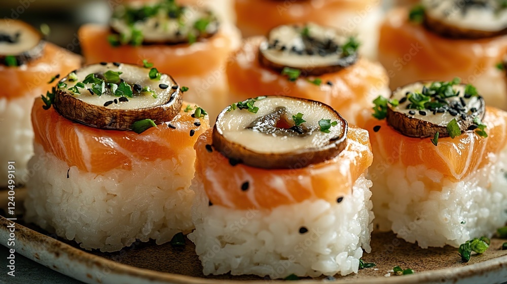 Sushi rolls with salmon and mushrooms on rice, close-up shot. Sushi rolls with salmon and mushrooms on rice, close-up shot.
