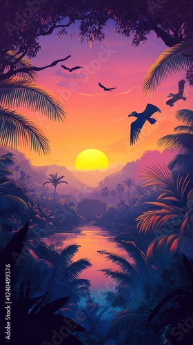 Tropical Sunset Landscape With Birds Flying Over River