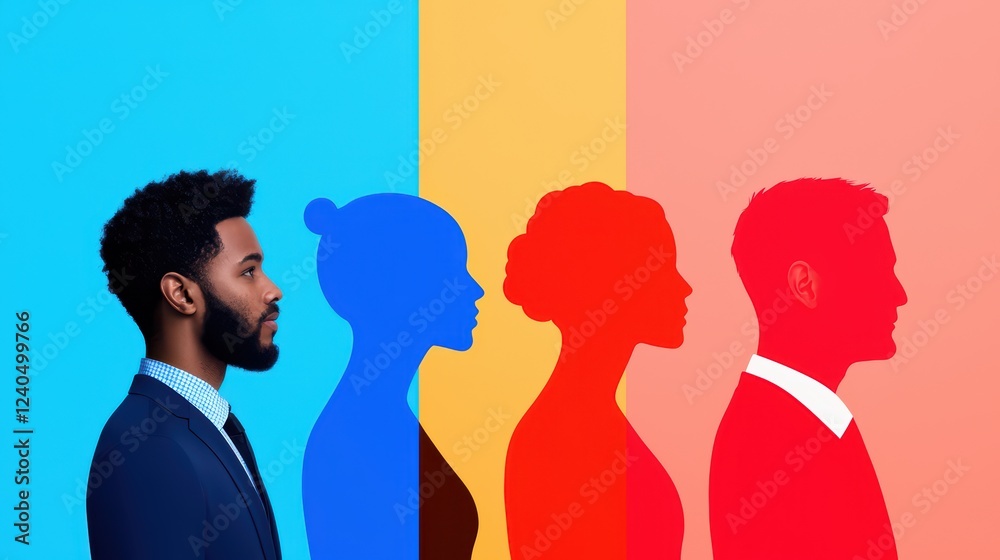 Diverse Profiles Showcasing Colorful Silhouettes on Vibrant Backgrounds Diverse Profiles Showcasing Colorful Silhouettes on Vibrant Backgrounds