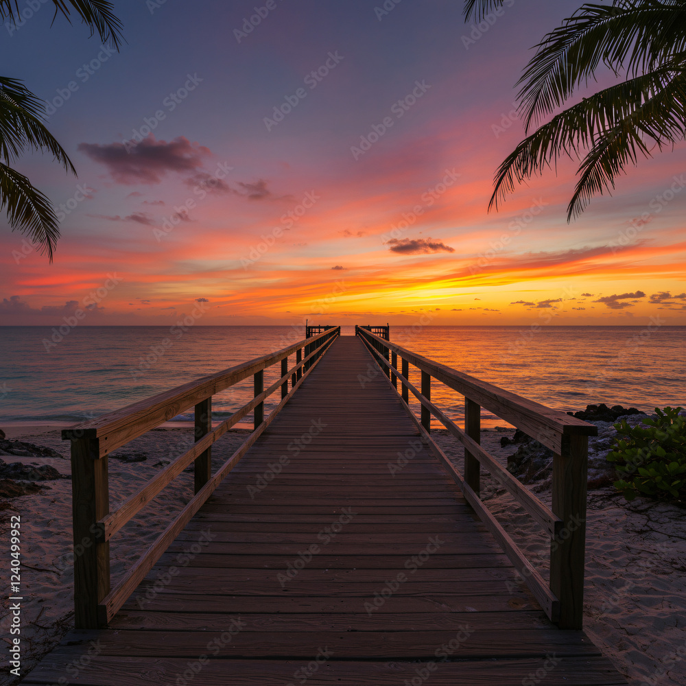Fototapeta premium Stunning Sunset Pier Beach Landscape Photography