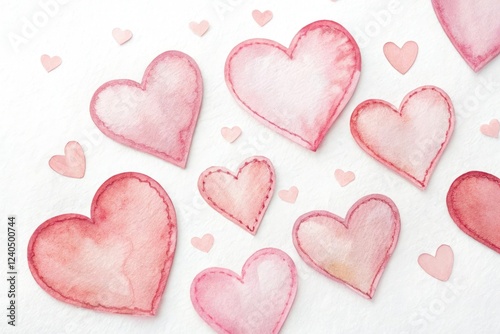 Soft, dreamy watercolor hearts with delicate edges against a crisp white background, love, simple, affectionate, isolated