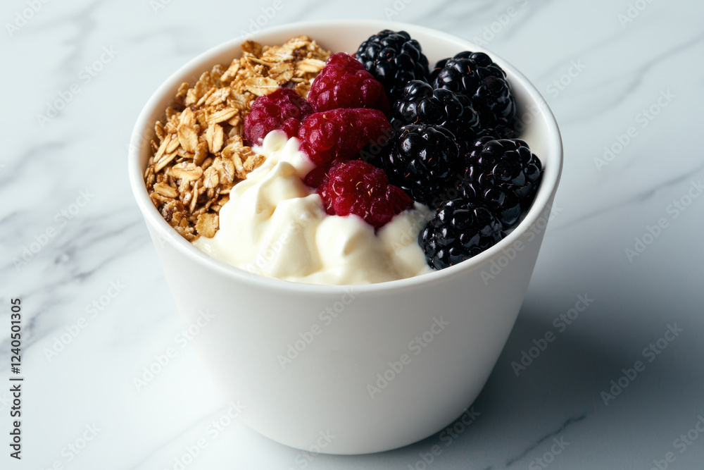 Yogurt bowl with granola fresh berries on marble surface Yogurt bowl with granola fresh berries on marble surface