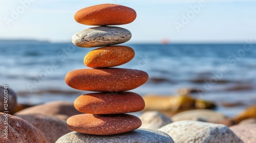 Balanced Sea Stones Stack Serenity Coastal Rockscape Calm Ocean View photo