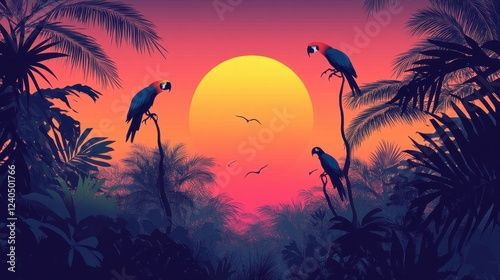 Tropical Sunset Macaws Perched on Palm Trees
