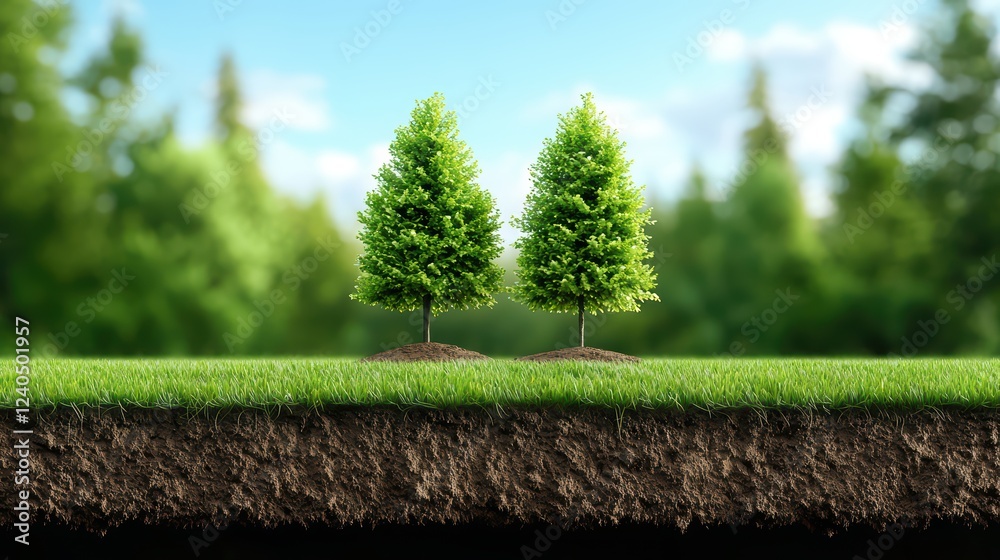 Two Green Trees with Soil in Lush Green Landscape Background Two Green Trees with Soil in Lush Green Landscape Background