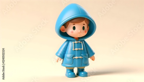 child in blue raincoat, little boy 3d character, on light background