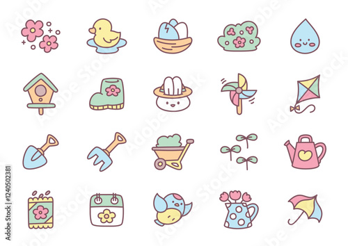 Kawaii spring icon set. Collection of cute hand drawn stickers (bird, nest, flowers, bunny, kite etc.) isolated on a white background. Vector 10 EPS.