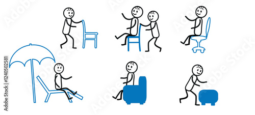 a happy little man with various objects, a chair, a computer chair, an armchair, an ottoman. chaise longue, umbrella, pictograph of a human figure in various poses