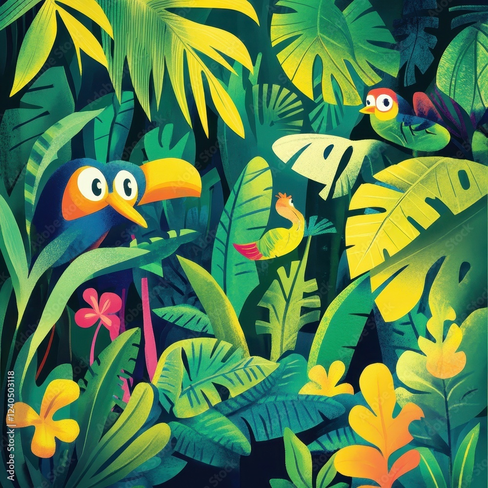 Naklejka premium Tropical Birds Hidden Among Lush Green Foliage