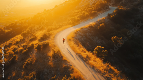 Fototapeta Naklejka Na Ścianę i Meble -  Solitary runner navigates winding trail through golden landscape at sunset