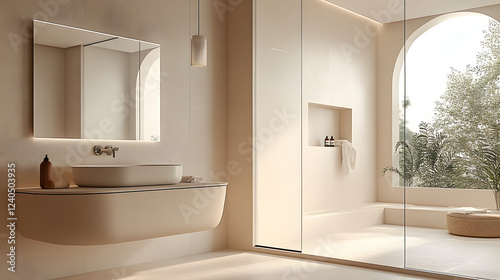 This modern bathroom interior features a sleek shower, clean lines, and contemporary design
