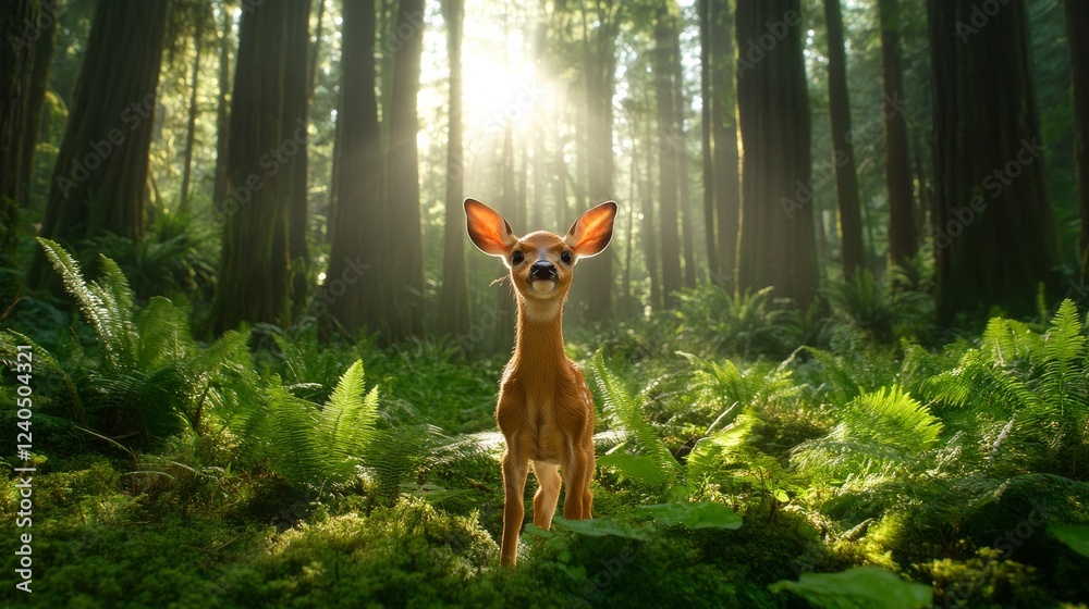 Fototapeta premium A deer standing in a dense forest, surrounded by tall trees and soft light