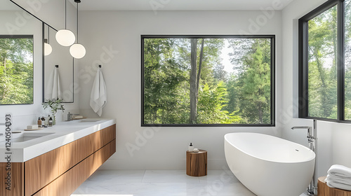 Clean, modern bathroom interior design featuring white tiles, a towel, and a sink