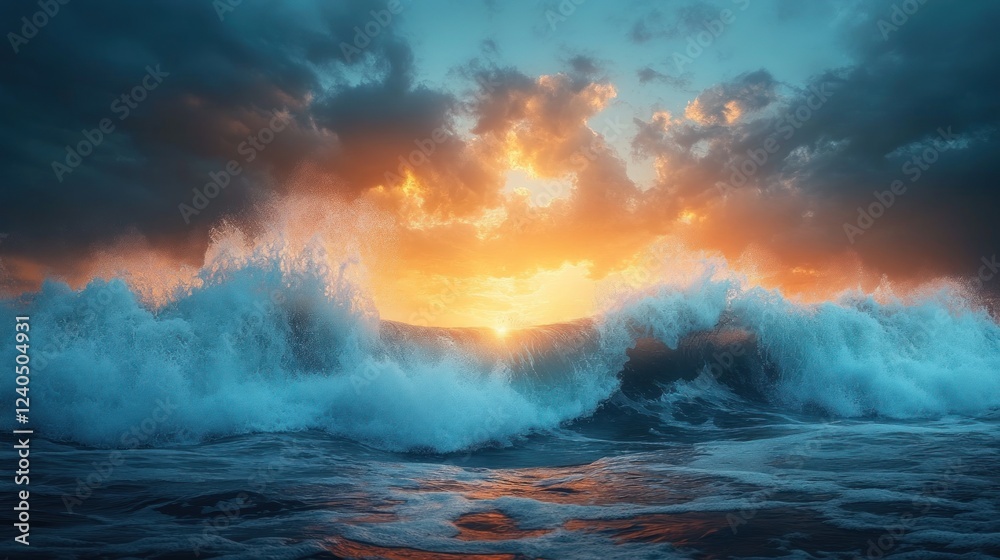 Fototapeta premium Dramatic ocean sunset waves crashing