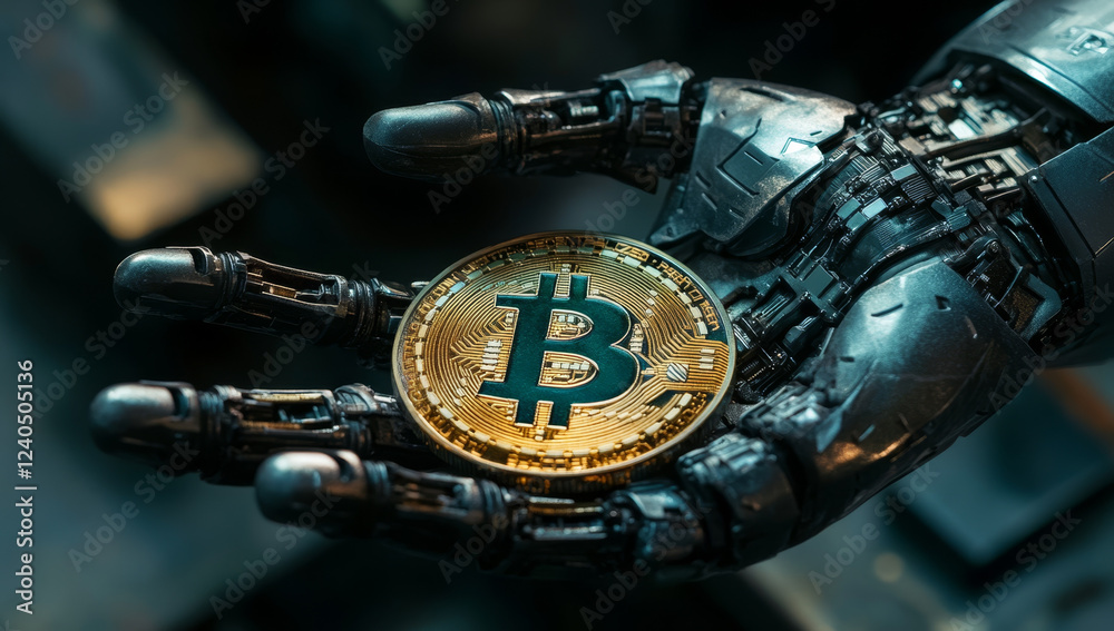 Fototapeta premium Robotic hand holding a bitcoin; futuristic cryptocurrency concept.
