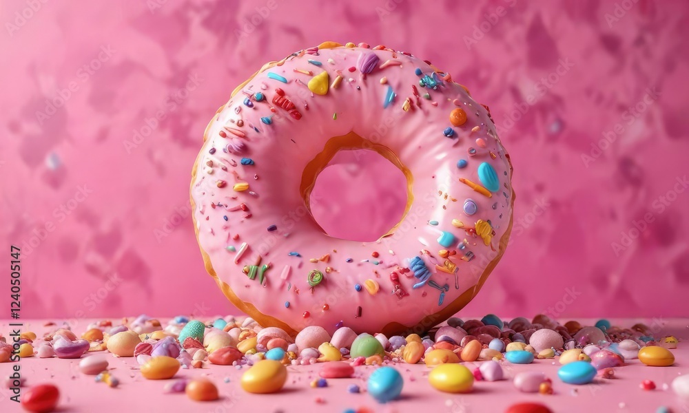 Pink background with a big donut and colorful candies and sweets surrounding it , donut, big