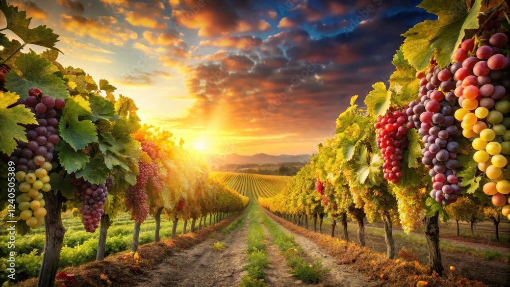 Naklejka premium A serene autumn harvest scene with rows of grapevines laden with ripe red and green grapes against a warm golden sunset sky