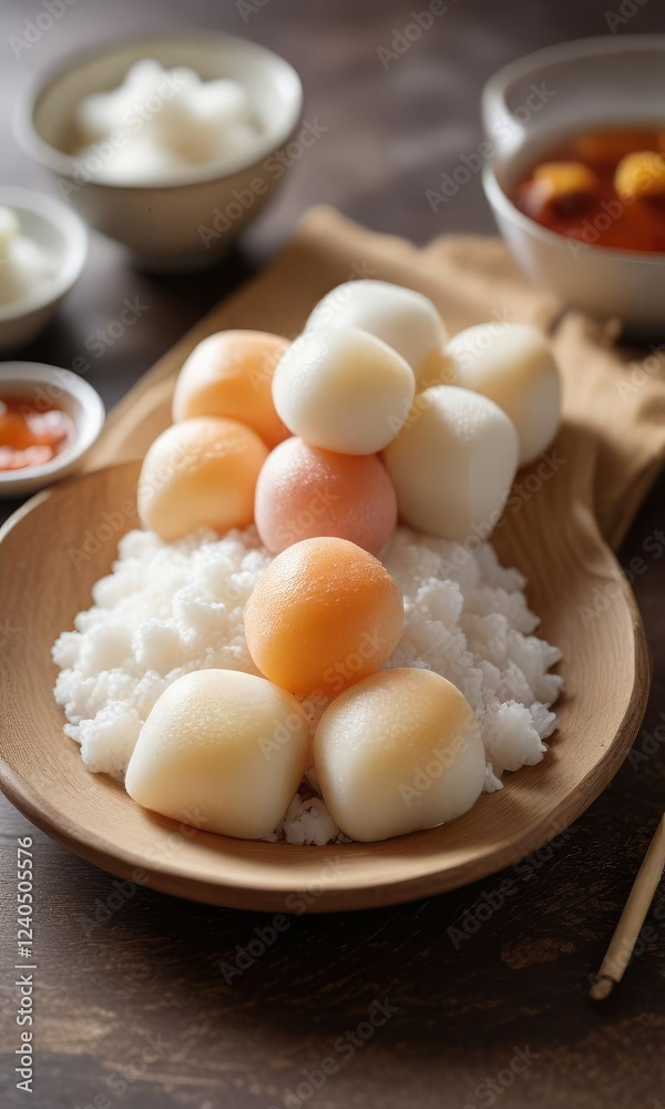 Plate of freshly made white and peach colored mochi with a side of steamed rice, cooking, dessert option, cuisine, Fresh Plate of freshly made white and peach colored mochi with a side of steamed rice, cooking, dessert option, cuisine, Fresh