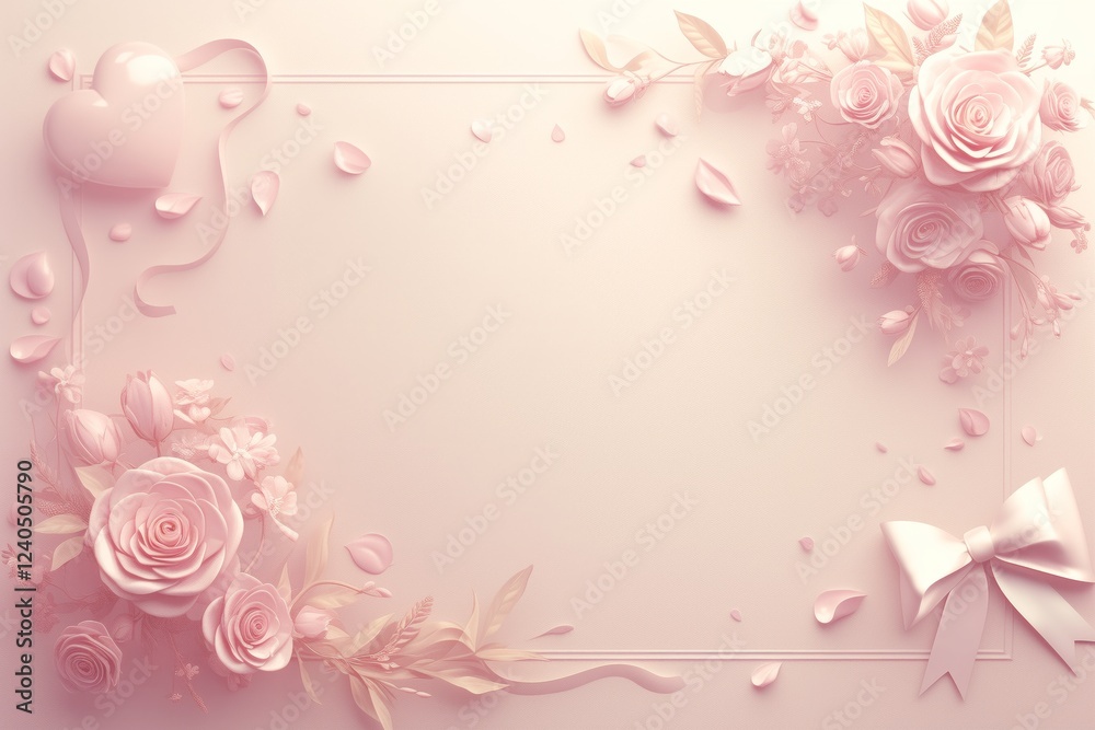 Pink flowers, heart and bow framing a rectangular copy space, creating a romantic atmosphere Pink flowers, heart and bow framing a rectangular copy space, creating a romantic atmosphere