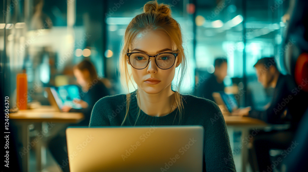 A focused young woman in glasses is working on her laptop, surrounded by other people using laptops and tablets to complete their tasks at the office desk. A focused young woman in glasses is working on her laptop, surrounded by other people using laptops and tablets to complete their tasks at the office desk.
