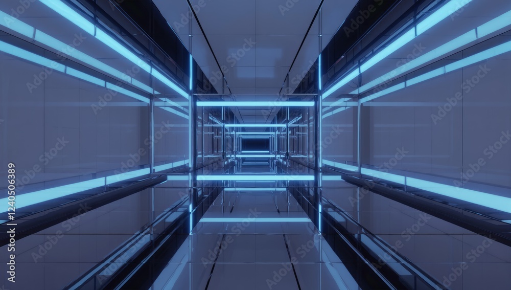 Fototapeta premium Futuristic blue neon corridor, endless perspective, reflective floor, modern architecture, sci-fi background, ideal for tech concepts