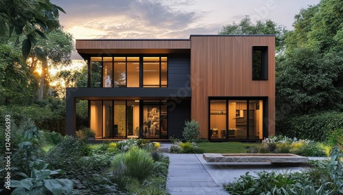 Modern Architectural Home Design: Luxurious Residence nestled in lush greenery at sunset.