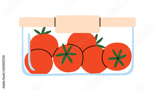 Fresh tomatoes inside glass container with sealed lid. Ripe red vegetables, natural food storage in plastic package. Healthy farm produce. Flat vector illustration isolated on white background