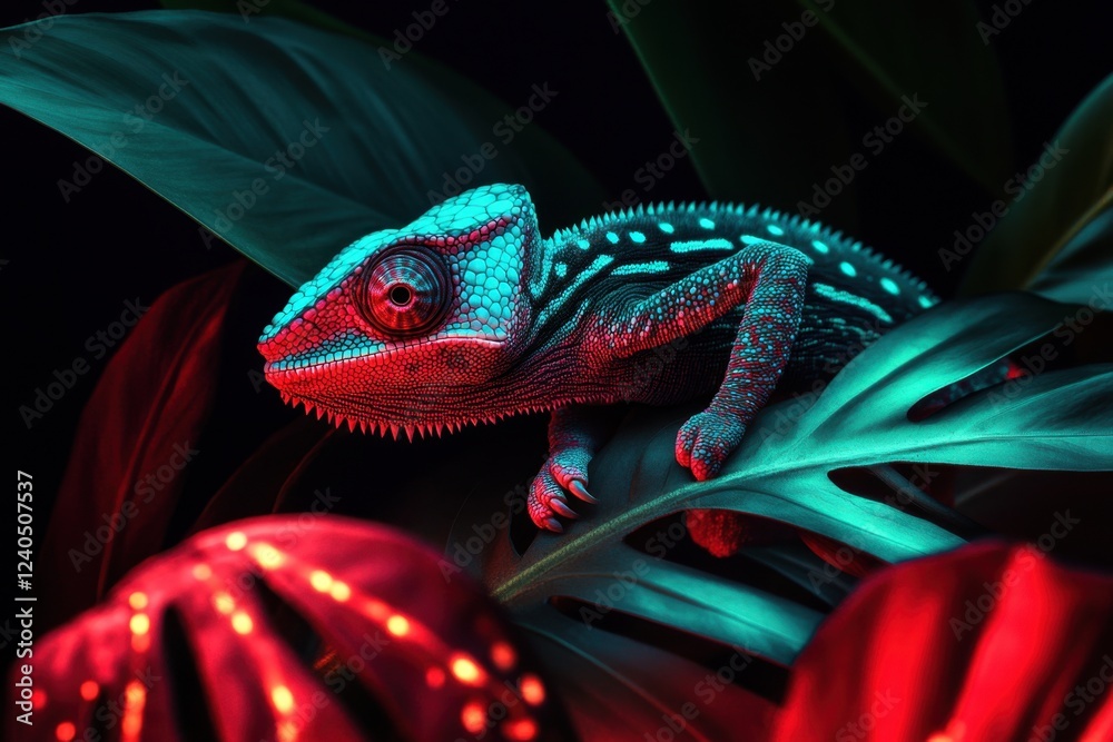 Obraz premium Neon-lit chameleon on vibrant jungle foliage