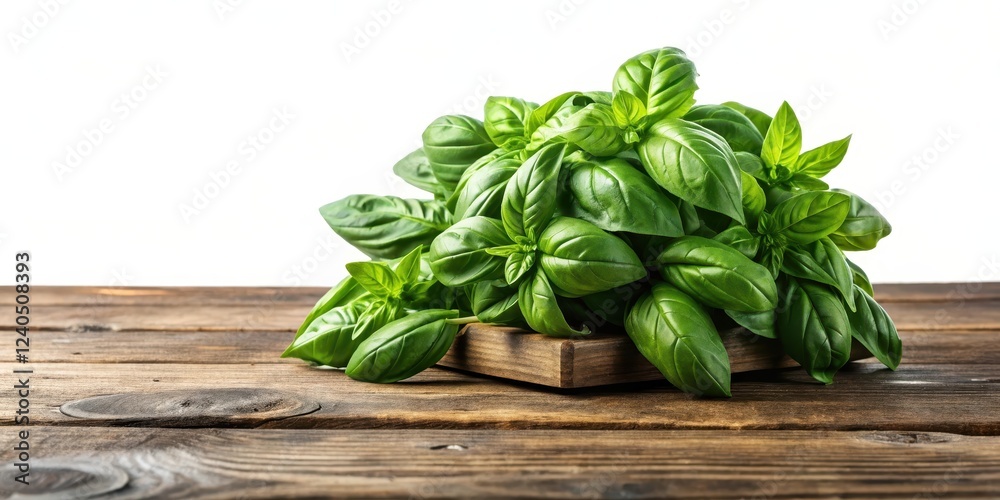 Freshly harvested basil leaves on a wooden table isolated on a white background, plant life, herbs Freshly harvested basil leaves on a wooden table isolated on a white background, plant life, herbs
