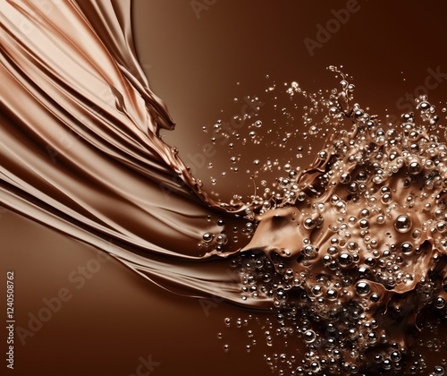 Chocolate splash with dynamic liquid movement, rich brown tones, and bubbles creating a visually striking effect, copy space for text photo