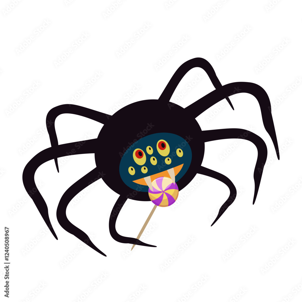 A black spider with yellow-red eyes and a candy Lollipop in its paw. Halloween decorations. Isolated vector illustration A black spider with yellow-red eyes and a candy Lollipop in its paw. Halloween decorations. Isolated vector illustration