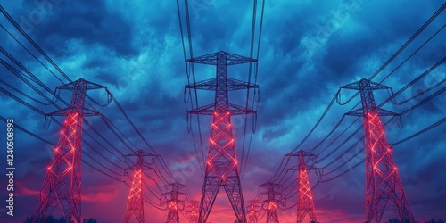 peak energy demand concept. Dramatic power lines against a vibrant, colorful sunset sky.