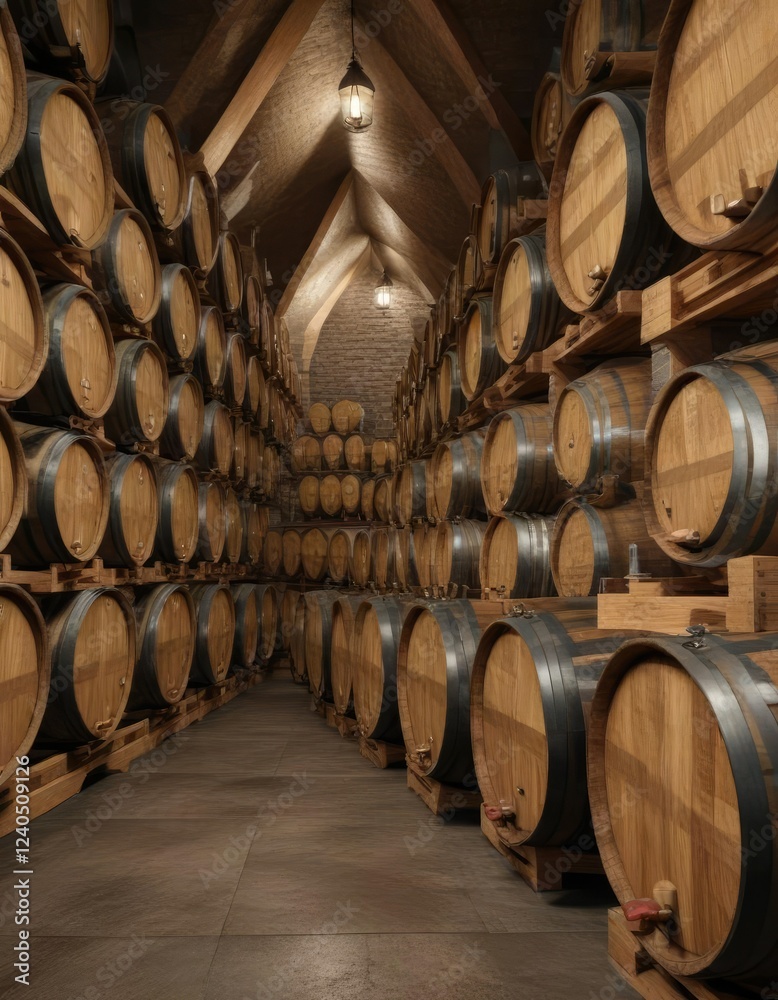 Row of wooden oak wine barrels in triangular pattern in winery cellar, winery, row, barrels, cellar, vintage Row of wooden oak wine barrels in triangular pattern in winery cellar, winery, row, barrels, cellar, vintage