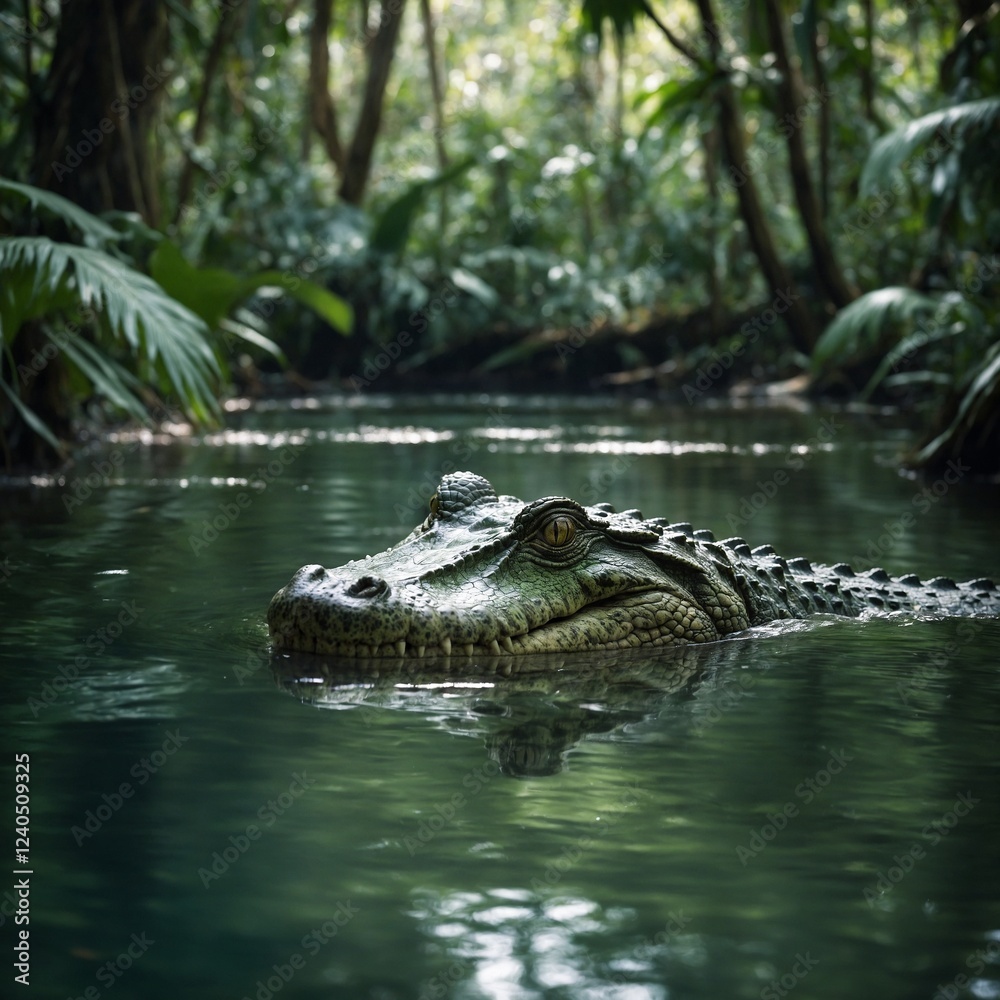 Fototapeta premium Crocodile Swimming in a Rainforest River.