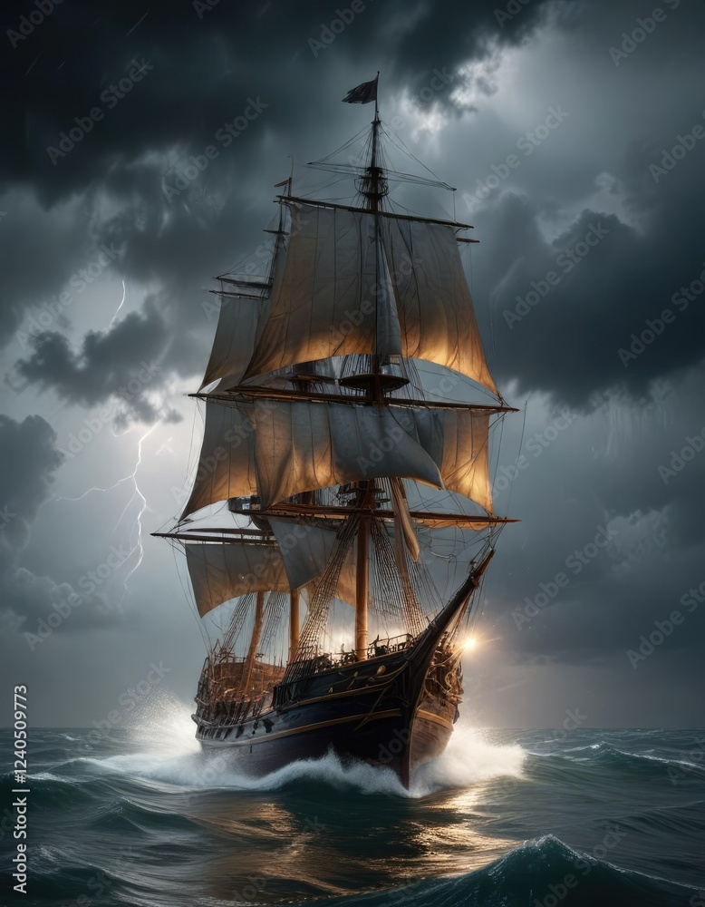 Fototapeta premium Sailing ship in a fierce storm with lightning, stormy weather, sailing boat