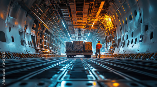 Cargo worker carefully oversees loading of important packages onto a massive military transport plane.