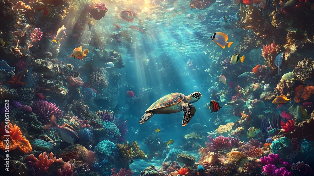 Fototapeta premium Vibrant underwater scene, colorful coral reef teeming with diverse marine life, peaceful sea turtle gliding through sunlight.