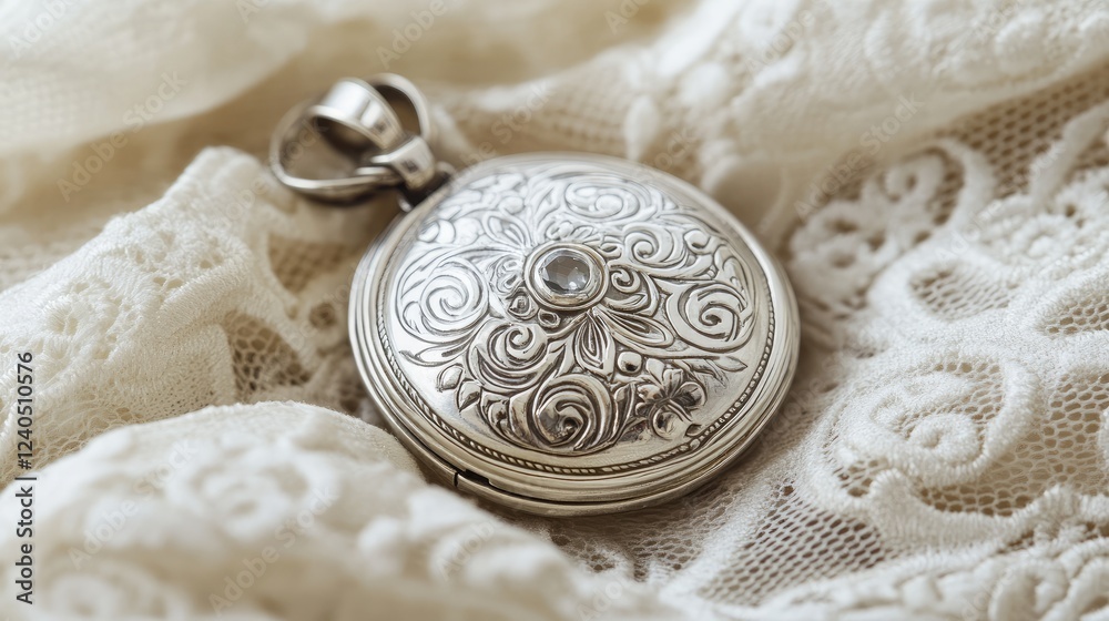 Obraz premium Close-up of an antique silver locket featuring intricate designs and gemstones, resting on an aged lace fabric background.