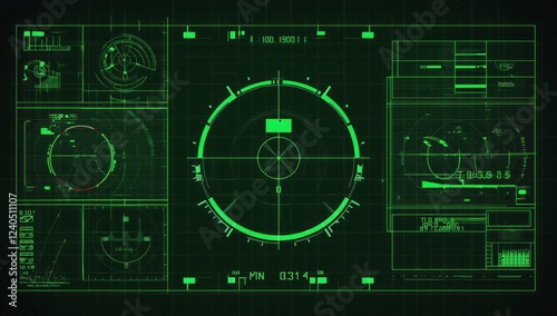 Futuristic radar screen, targeting, control room, mission, technological background