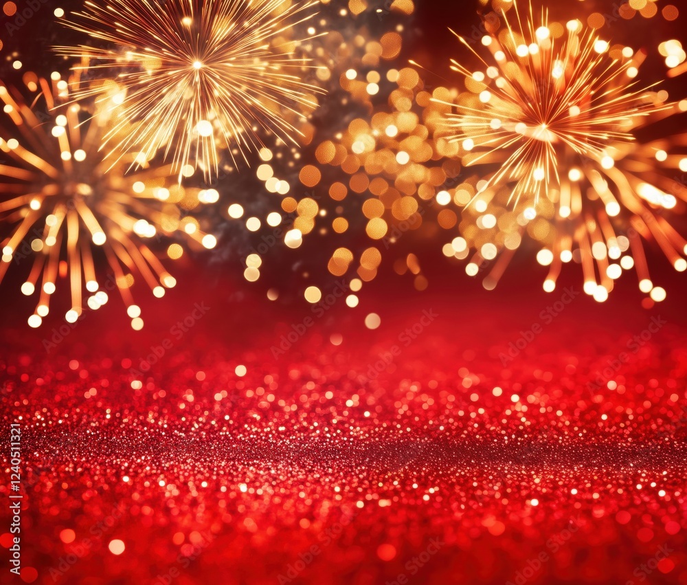 Obraz premium Fireworks display with sparkling bokeh effect on red background, festive celebration atmosphere, vibrant colors, holiday spirit, copy space for text