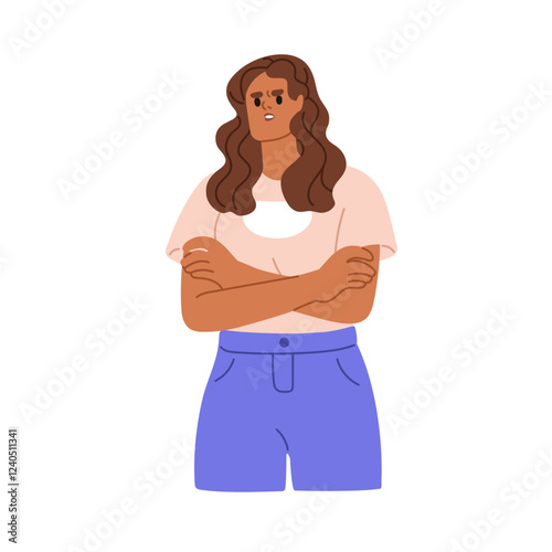 Skeptical woman, doubt and distrust expression. Discontent annoyed female with frowning face. Sceptic doubtful person looking with disbelief. Flat vector illustration isolated on white background