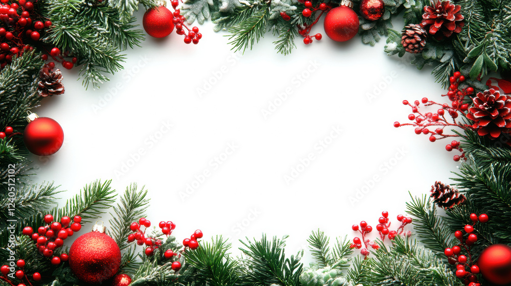 Festive Christmas frame with red ornaments, pine branches, and berries, perfect for holiday greetings and cheerful messages Festive Christmas frame with red ornaments, pine branches, and berries, perfect for holiday greetings and cheerful messages