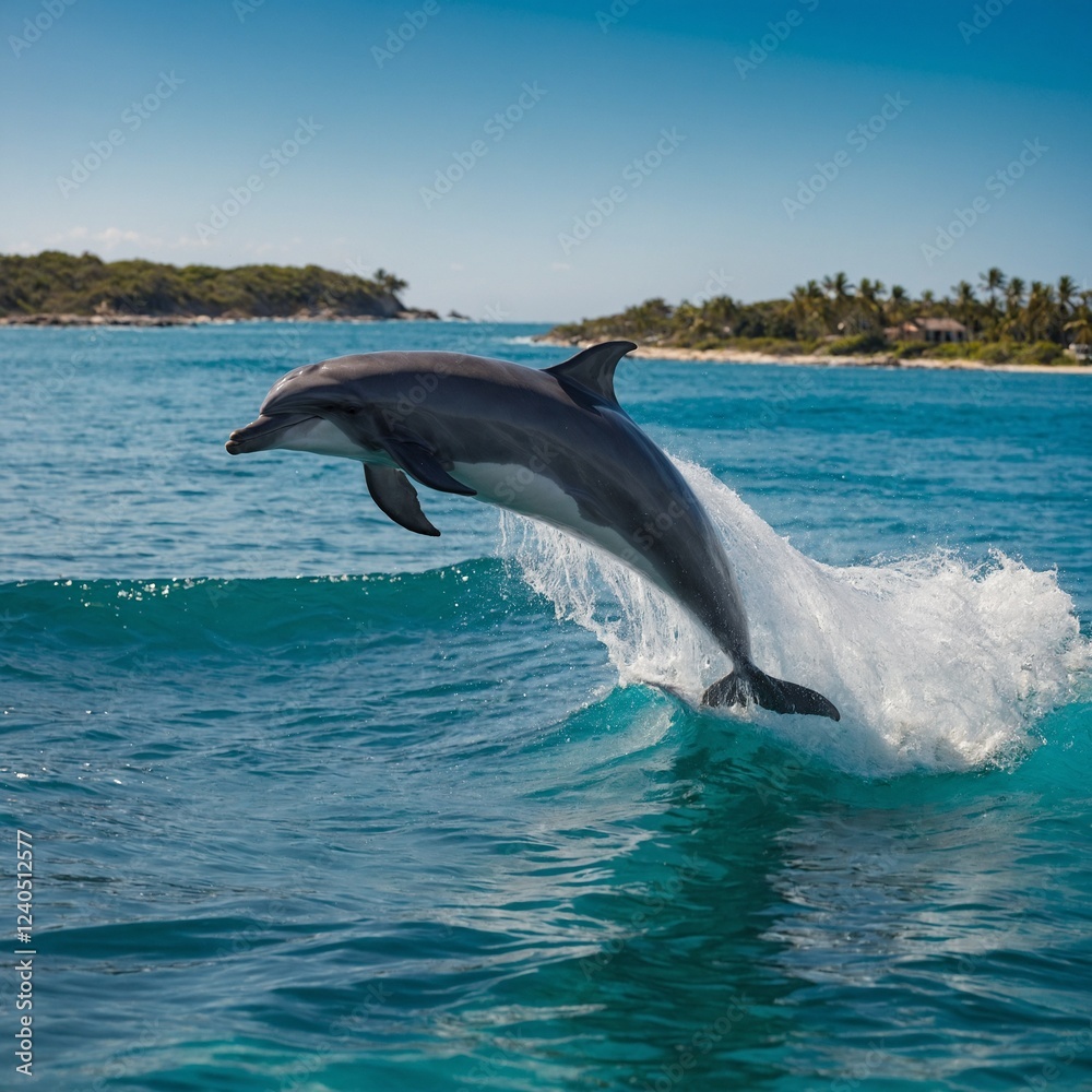 Naklejka premium Dolphin Leaping from a Turquoise Wave. Dolphin jumping out of water.