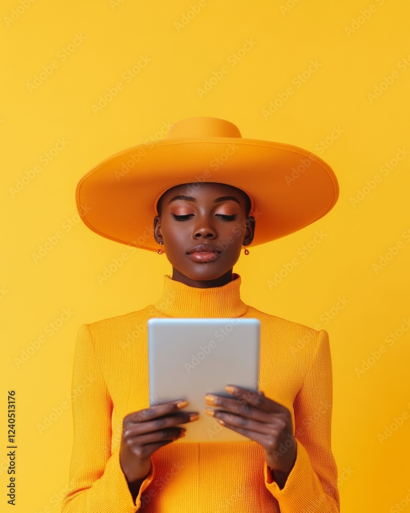 Bold Monochrome Fashion Stylish Woman in Orange Hat with Digital Tablet - Modern Afrocentric Design and Technology-Inspired Editorial for Fashion Industry Trends Bold Monochrome Fashion Stylish Woman in Orange Hat with Digital Tablet - Modern Afrocentric Design and Technology-Inspired Editorial for Fashion Industry Trends
